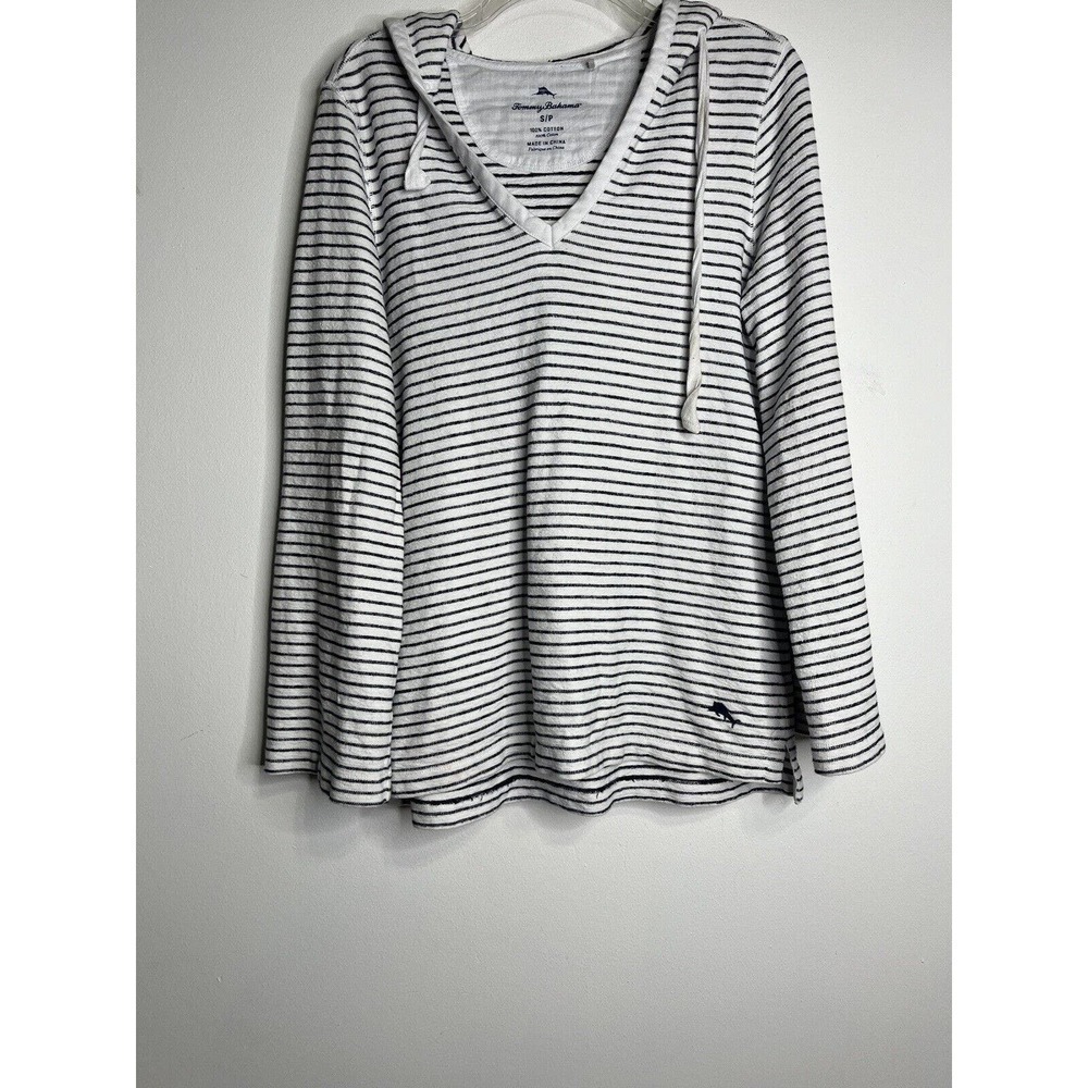 Tommy Bahama Womens Hoodie Sweatshirt Small White Striped 100% Cotton Comfy